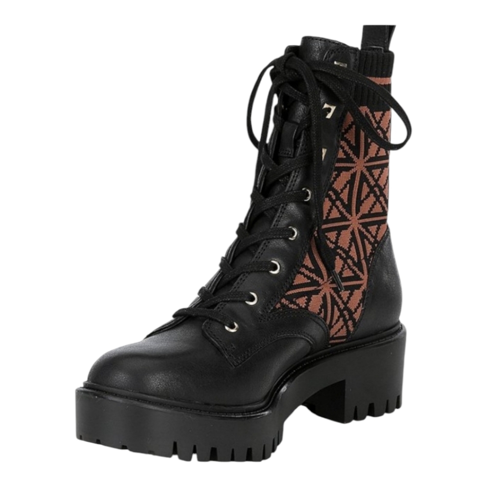 Antonio Melani Black Brown Pattern Sock Dempsayy Lace-Up Lug Sole Combat Boots